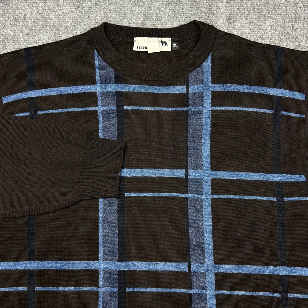 I Levrieri Sweater Mens XL Brown Blue Grid Merino Wool Blend Made in Italy Knit